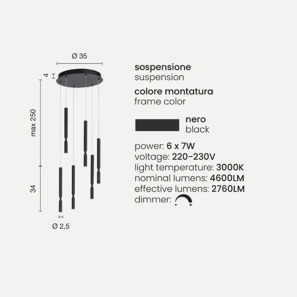 Lampada a sospensione LED a 6 Luci in metallo verniciato 35 cm Nero TUBIC