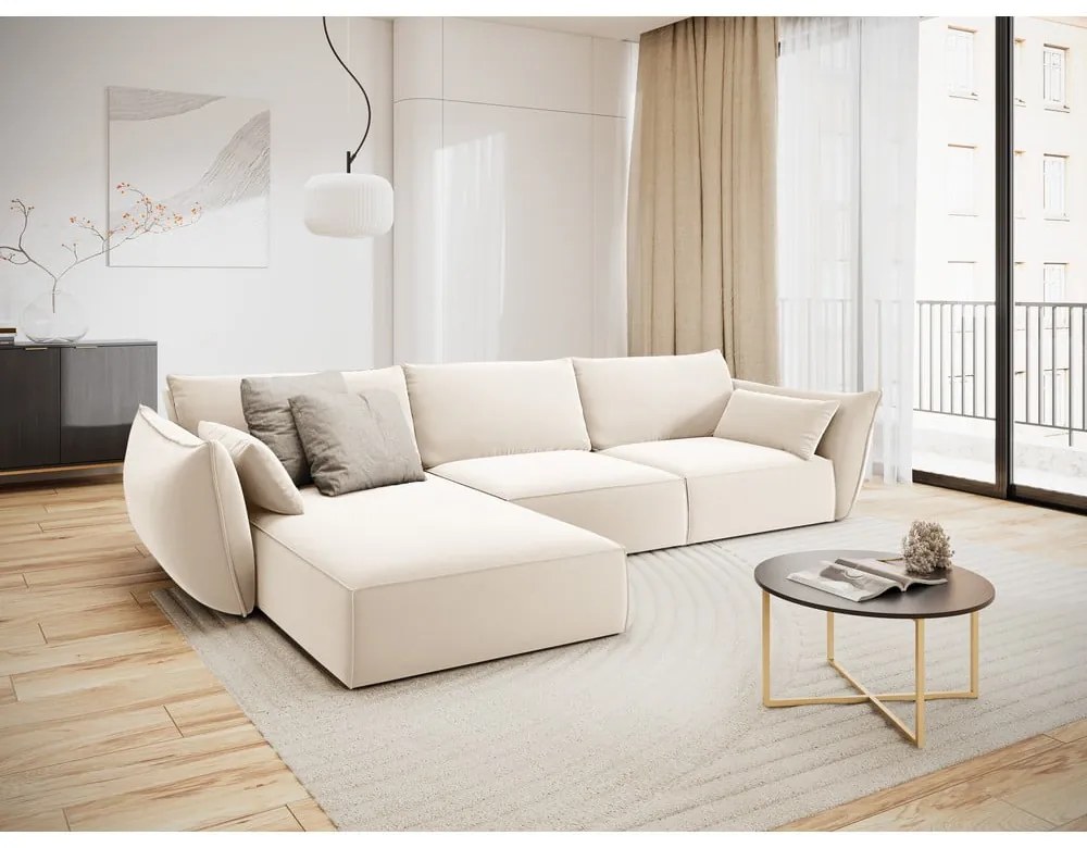 Divano angolare beige (con penisola a sinistra/con chaise lounge) con rivestimento in velluto Vanda – Mazzini Sofas