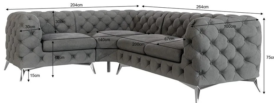 Divano angolare grigio (con penisola a sinistra/a L) con rivestimento in velluto Chelsea – Ropez