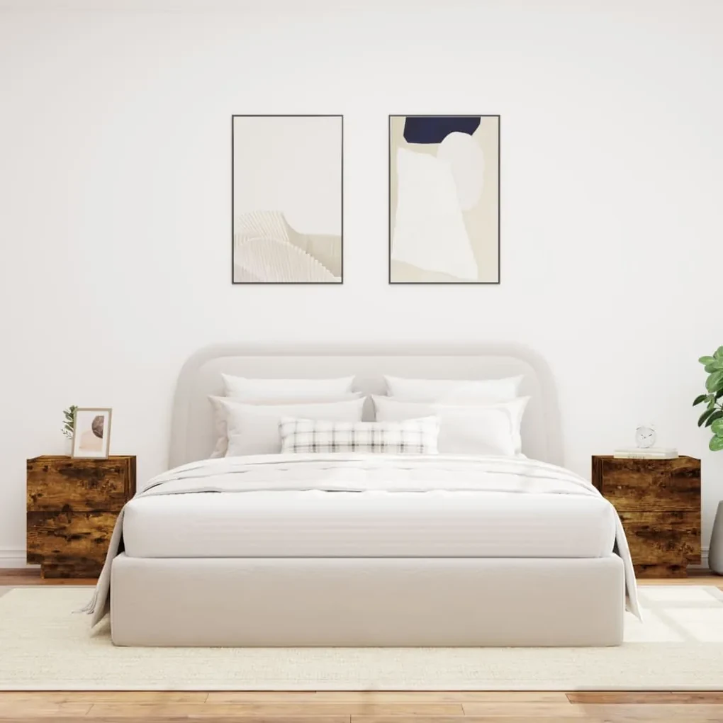 Comodini con luci led 2pz rovere fumo in legno multistrato