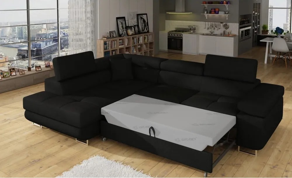 Divano angolare nero allungabile/con contenitore (con penisola a sinistra/a L) Anton – ELTAP