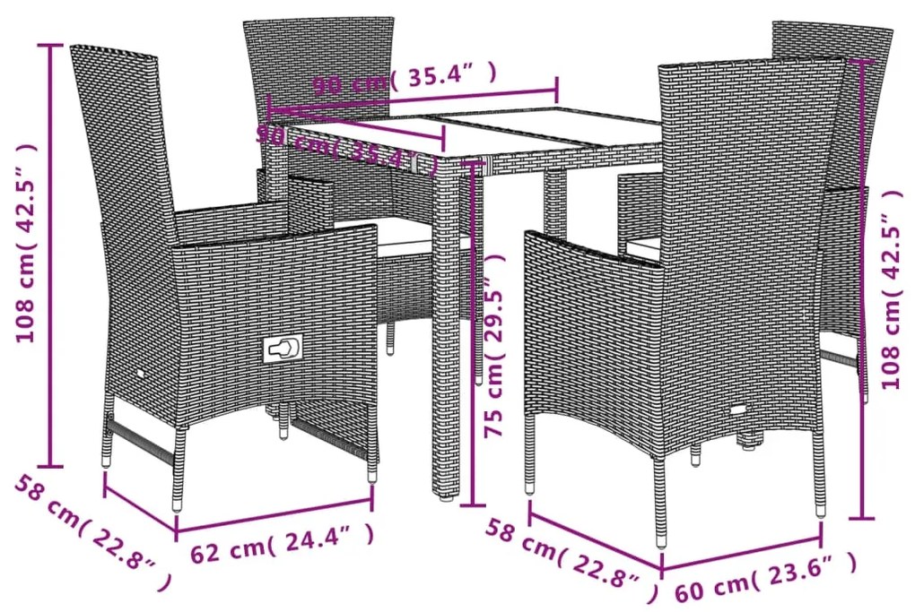 Set da pranzo da giardino 5 pz con cuscini beige in polyrattan