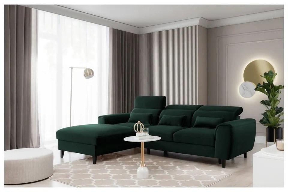 Divano angolare verde scuro allungabile/con contenitore (con penisola a sinistra/con chaise lounge) e rivestimento in velluto Foble – ELTAP