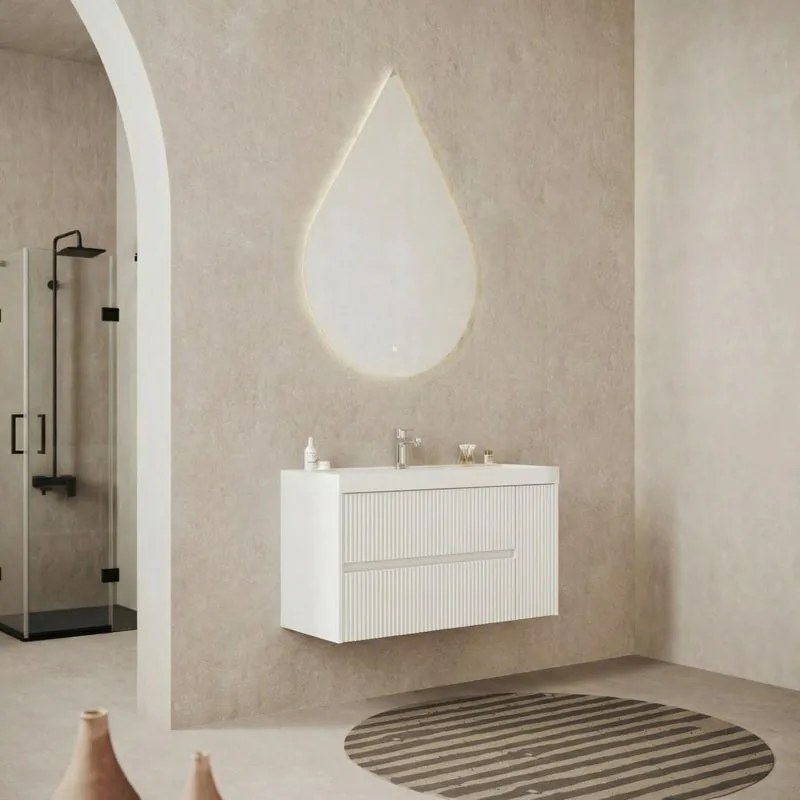 Base sospesa Portofino 100 cm con lavabo e 2 cassetti e 1 anta bianco opaco cannettato