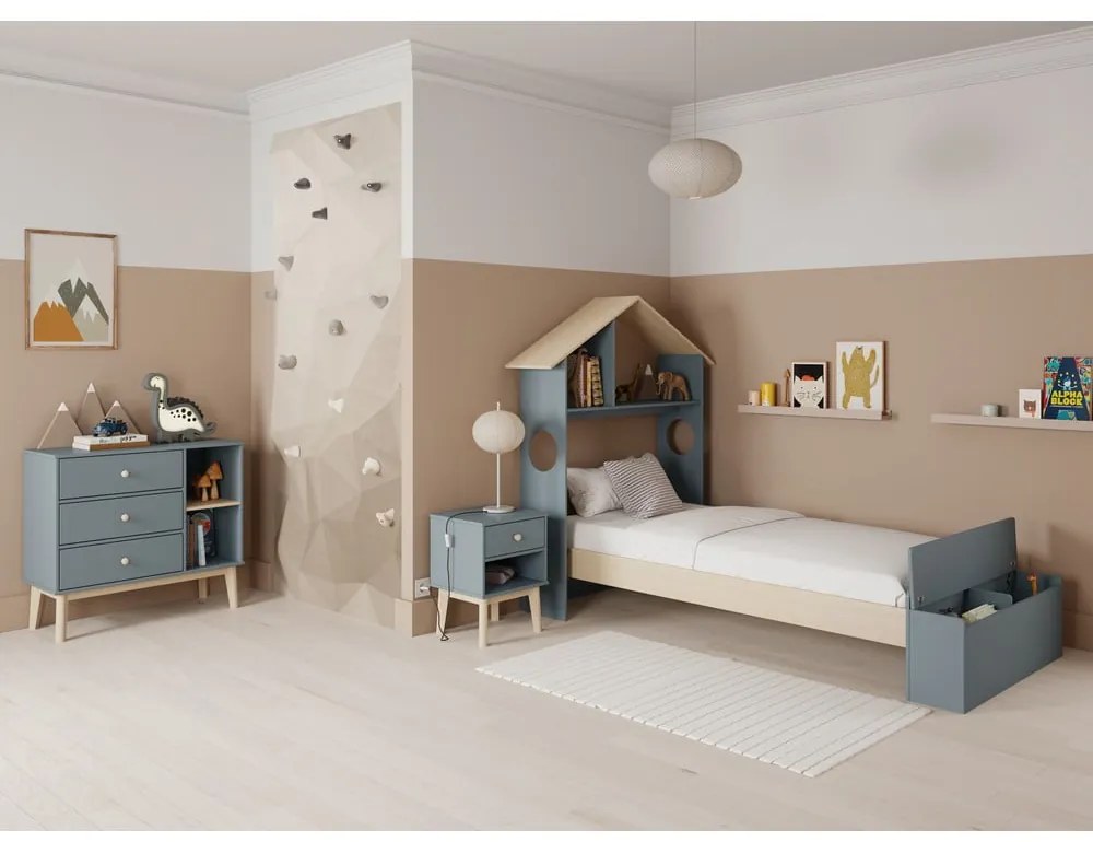 Letto da bambini a forma di casa di colore naturale/verde polveroso con effetto pino con contenitore con rete inclusa 90x190 cm Odessa – Marckeric