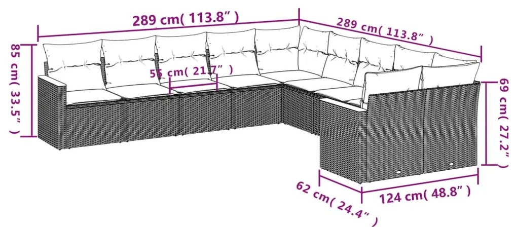 Set Divano da Giardino 10 pz con Cuscini Beige in Polyrattan