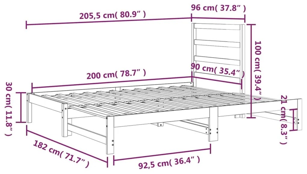 Dormeuse Estraibile Nera 2x(90x200) cm Legno Massello di Pino