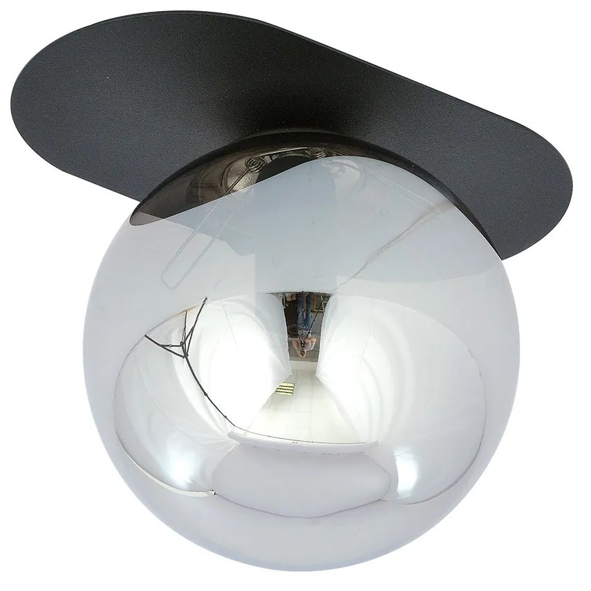Plafoniera Minimal 1 Luce Teia In Acciaio Nero E Sfera Vetro Fumè
