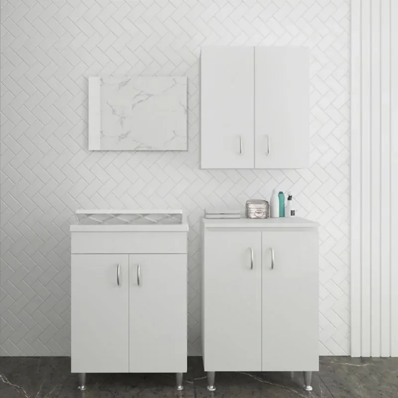 Set da 60 cm con lavatoio base e pensile in legno bianco Fedra