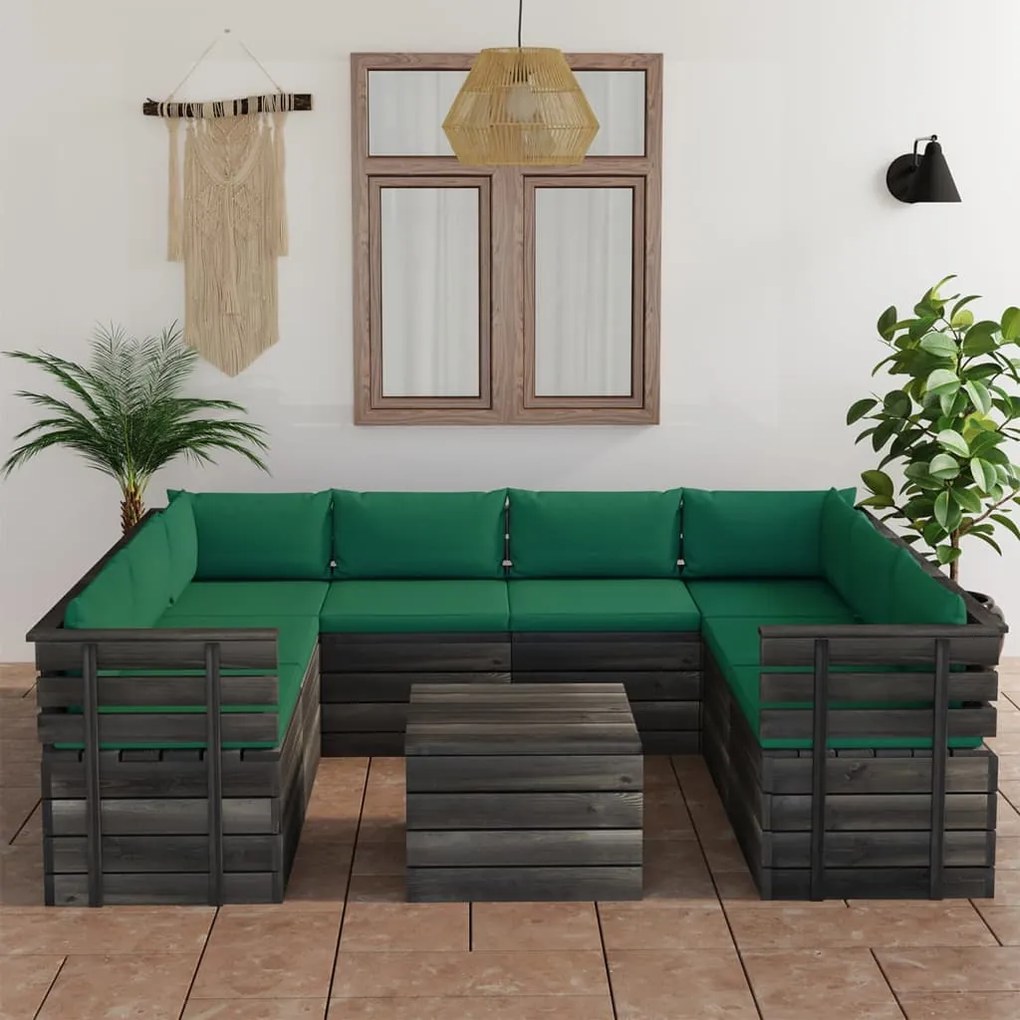 Set Divani da Giardino su Pallet 9 pz con Cuscini Massello Pino