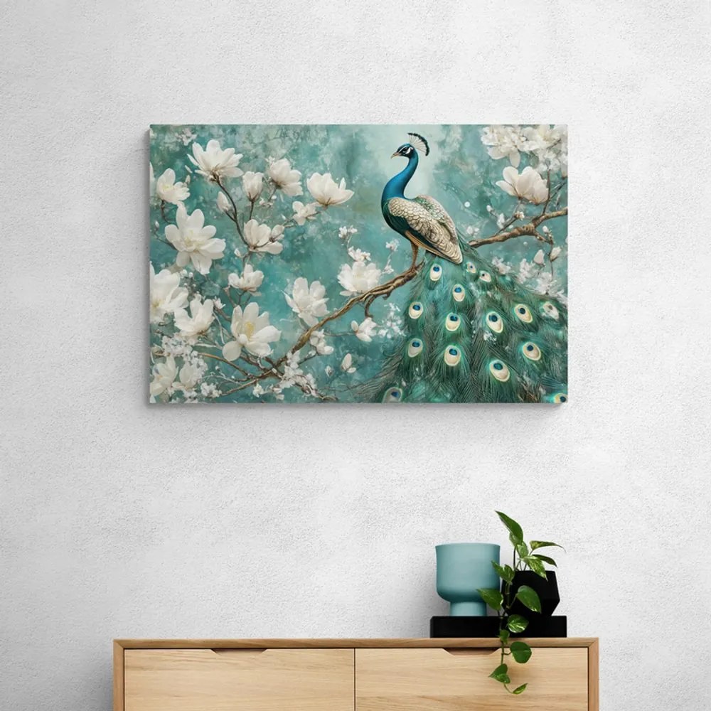 Quadro su tela – Pavone circondato da fiori bianchi