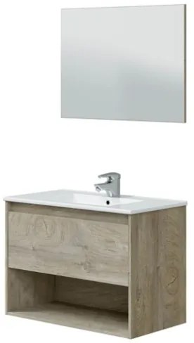 Mobile Bagno Sospeso 80 cm Vano Aperto Lavabo Specchio E Colonna Rovere Alaska VAN