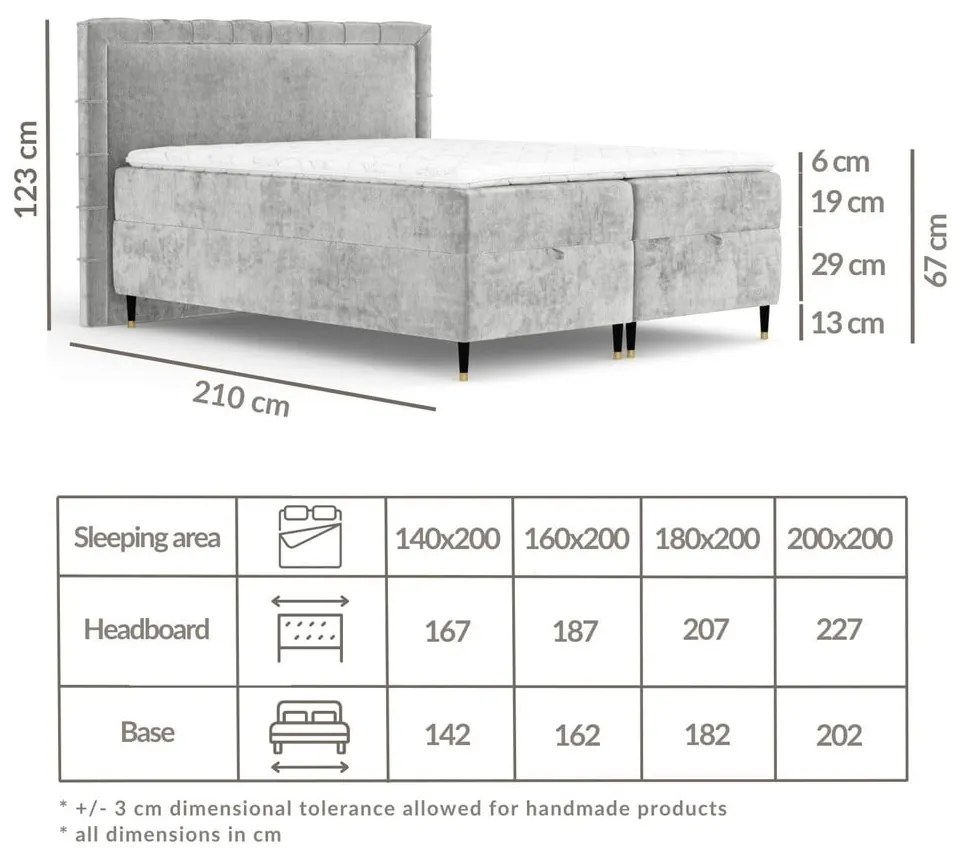 Letto boxspring grigio chiaro con spazio contenitivo 200x200 cm Voyage - Maison de Rêve
