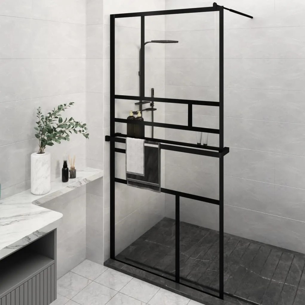 Parete Doccia Con Mensola Nera 115x195 Cm Vetro Esg E Alluminio /