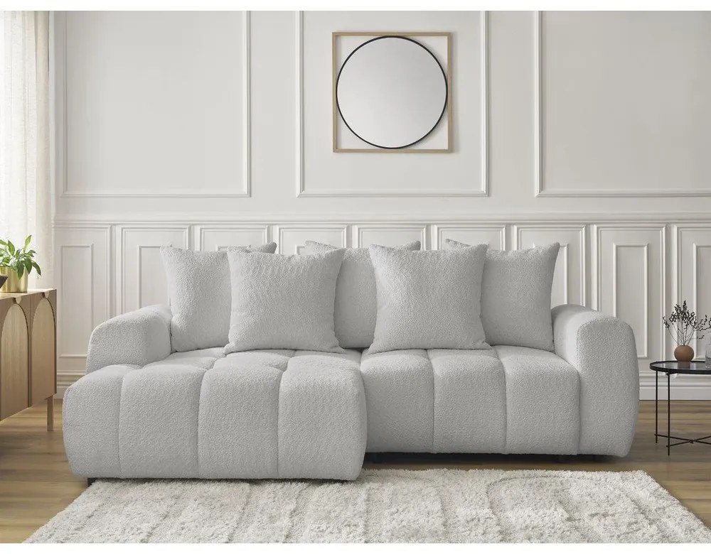 Divano angolare grigio chiaro allungabile/con contenitore (con penisola a sinistra/con chaise lounge) con rivestimento in bouclé Roxelane – Bobochic Paris