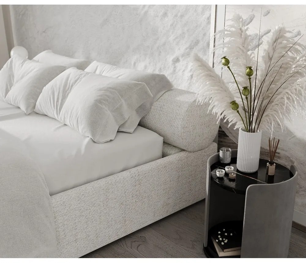 Letto matrimoniale imbottito color crema con contenitore e rete inclusi 160x200 cm Solvo – Maison de Rêve