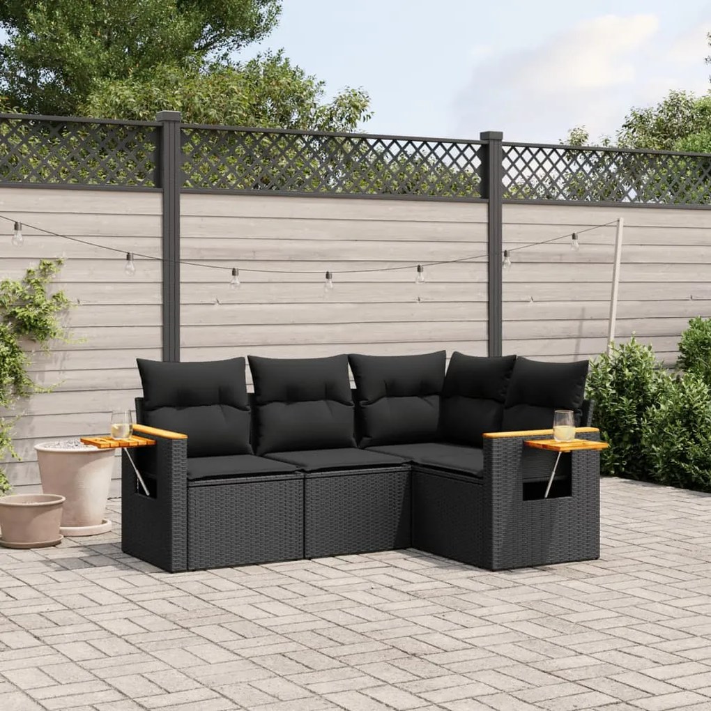 Set divani da giardino 4 pz con cuscini nero in polyrattan