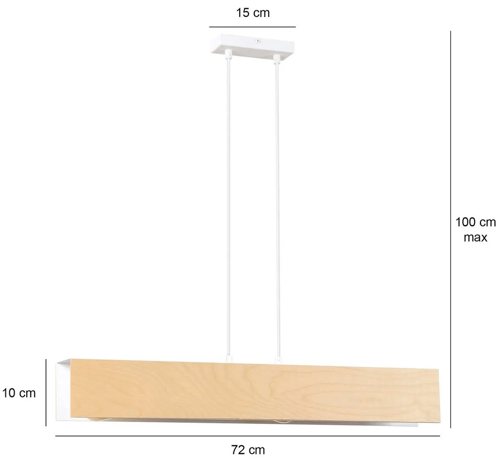 Lampadario 3 Luci Merlino In Acciaio Bianco Corpo Rettangolare E Legno Naturale