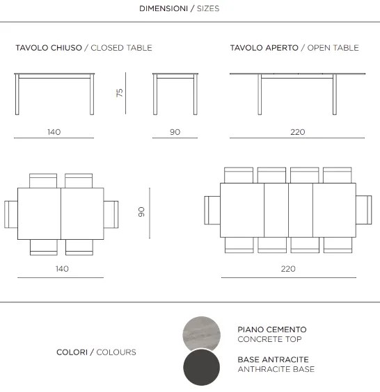 Tavolo in legno allungabile a 220 cm CAIO CEMENTO