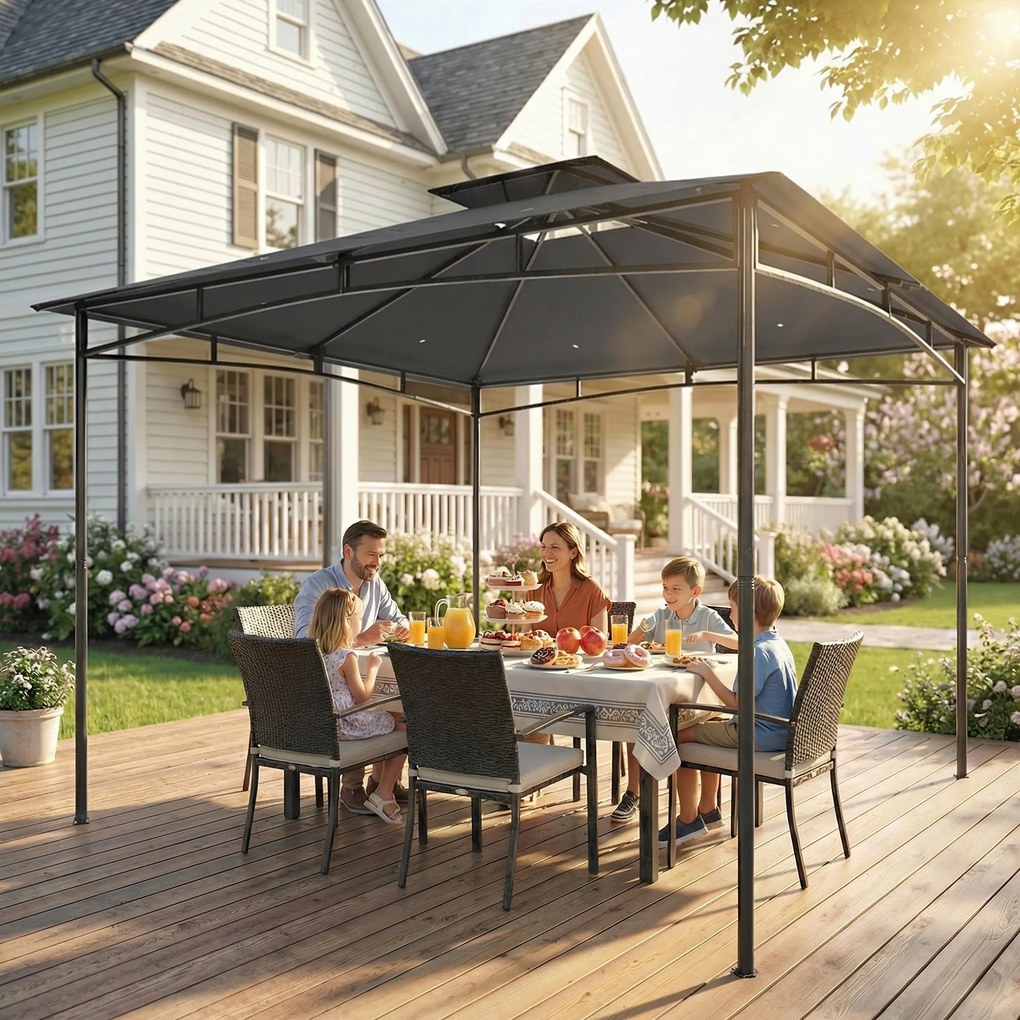Gazebo da Giardino 300x300x285 cm con Doppio Tetto in Poliestere e Metallo Grigio Scuro...