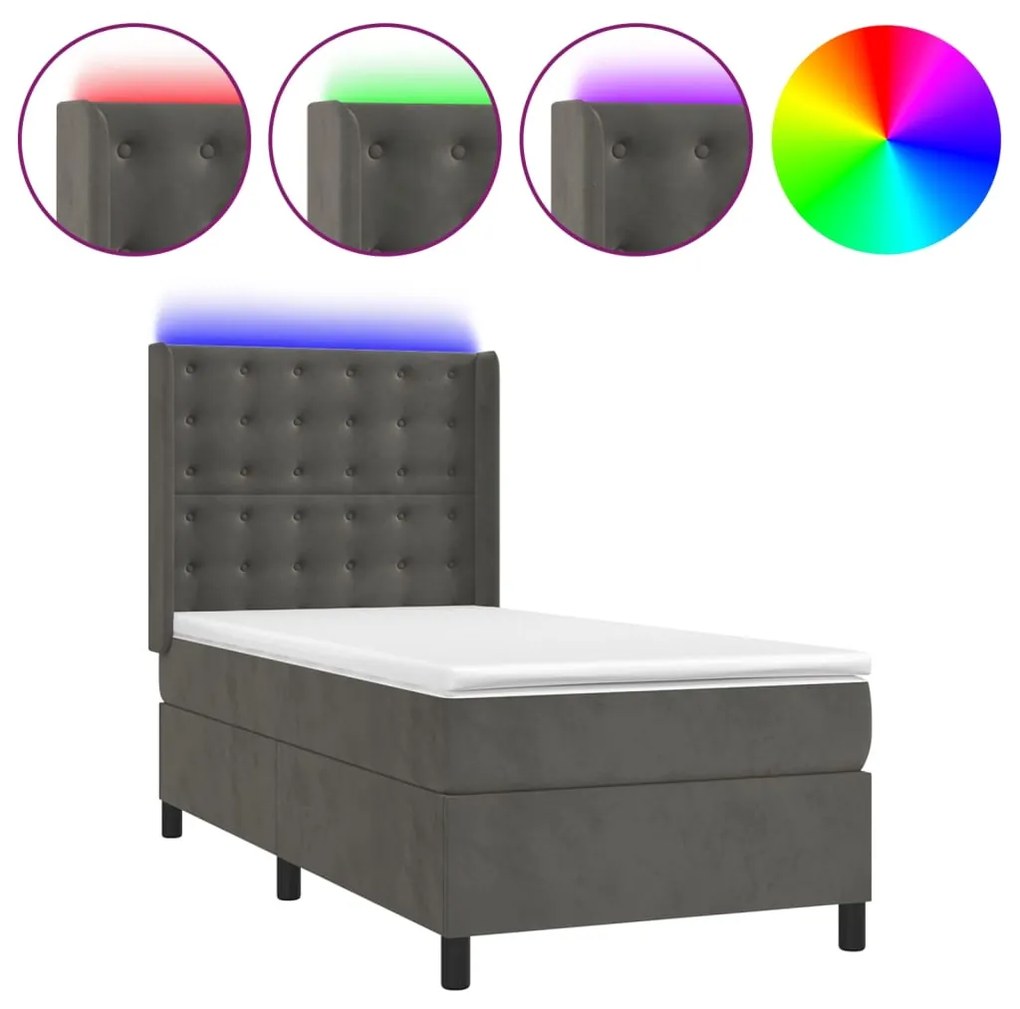 Letto a molle con materasso e led grigio scuro 100x200 cm