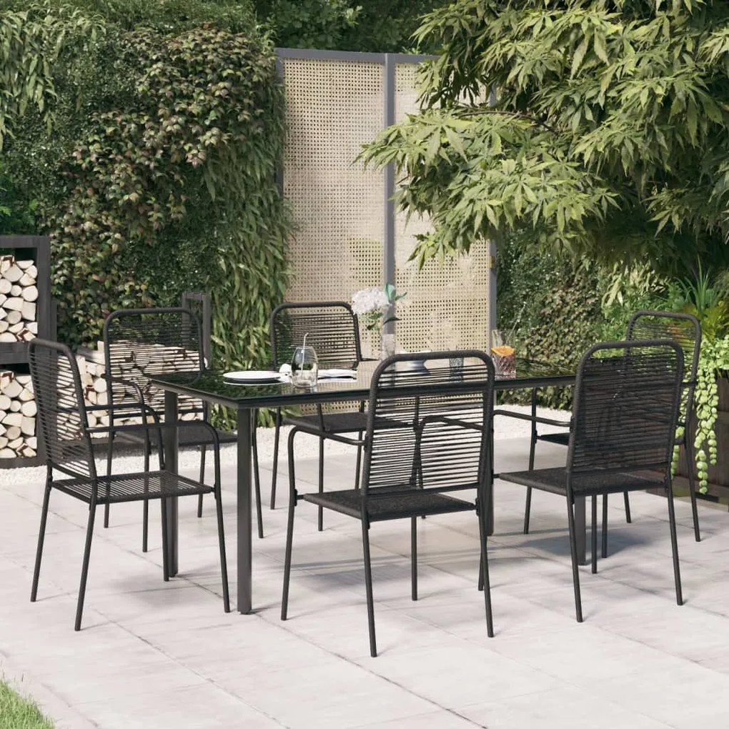 Set da pranzo da giardino 7 pz nero corda di cotone e acciaio