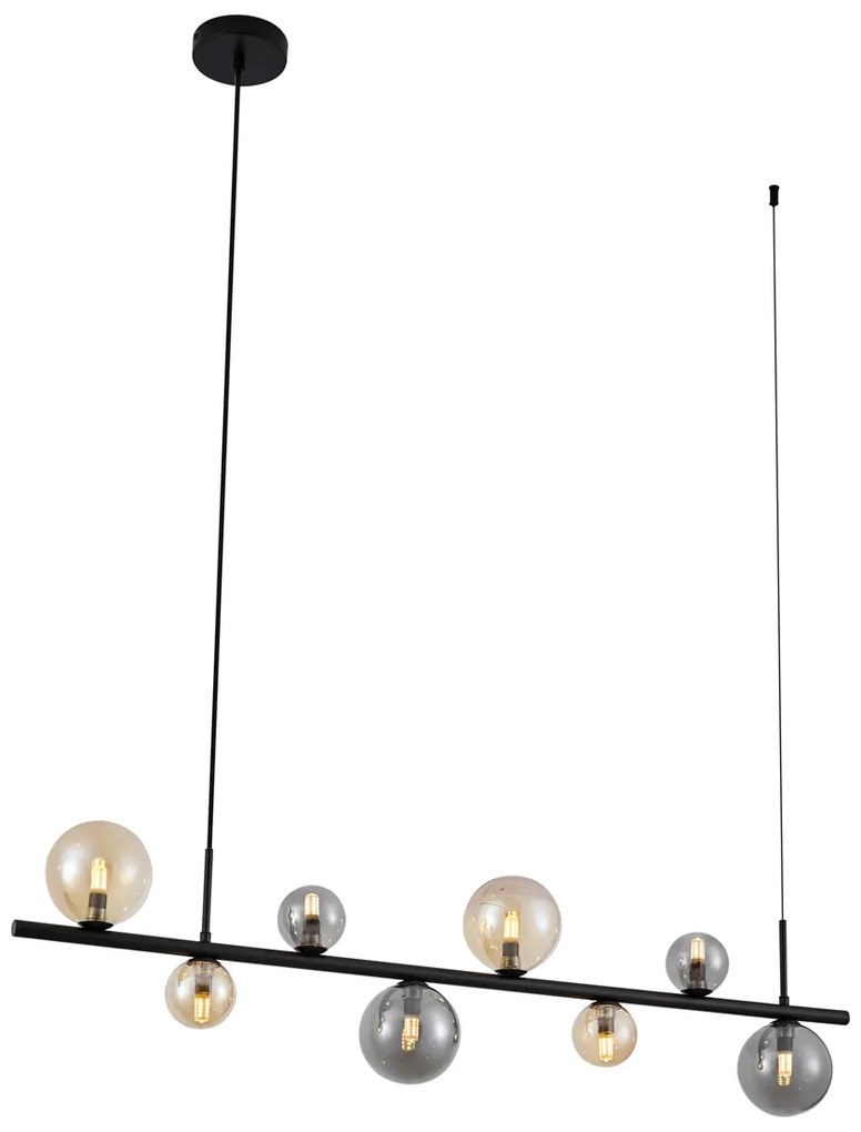 Lampada a sospensione nera con vetro fumé e ambrato rettangolare a 8 luci - Monaco