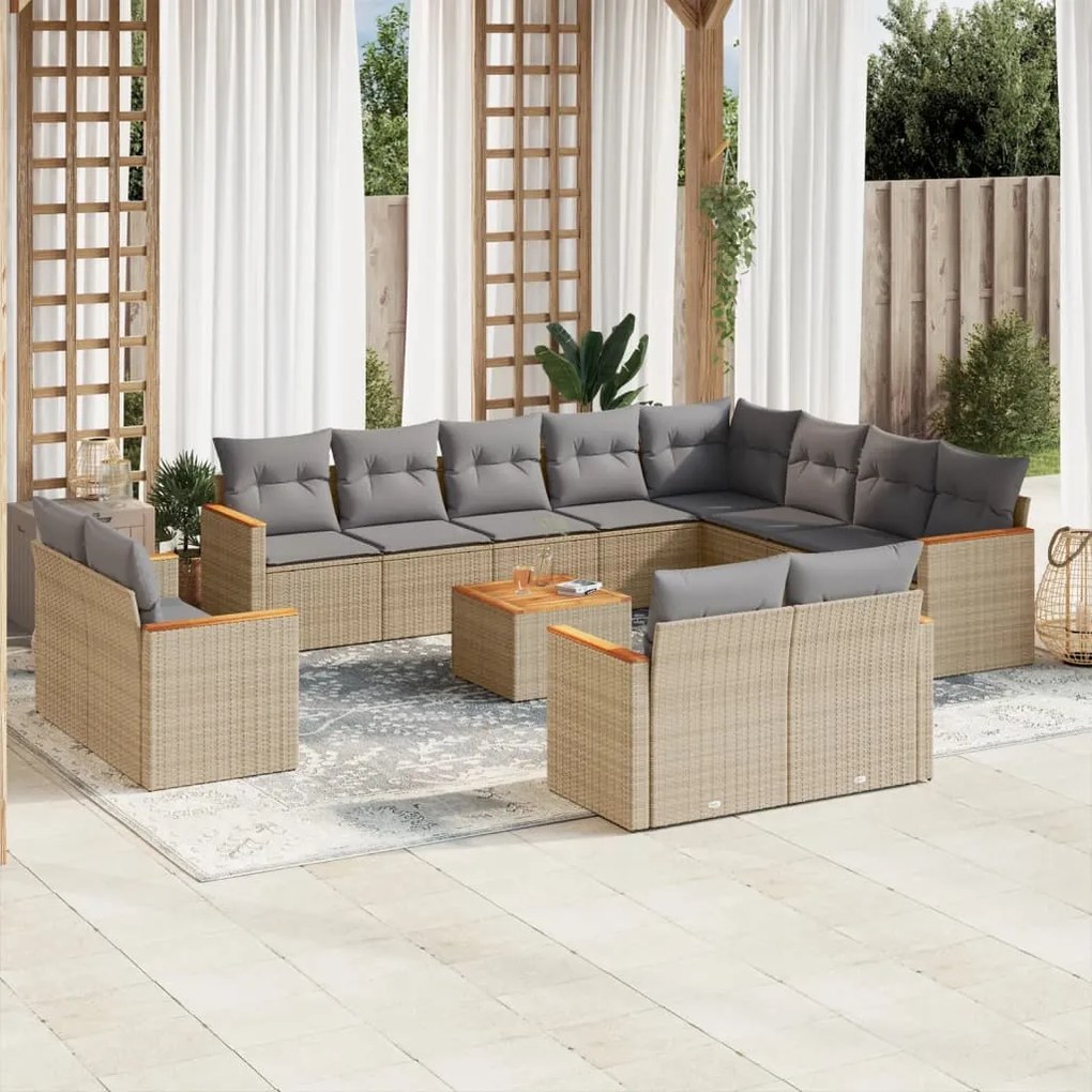 Set divano da giardino 13 pz con cuscini beige in polyrattan