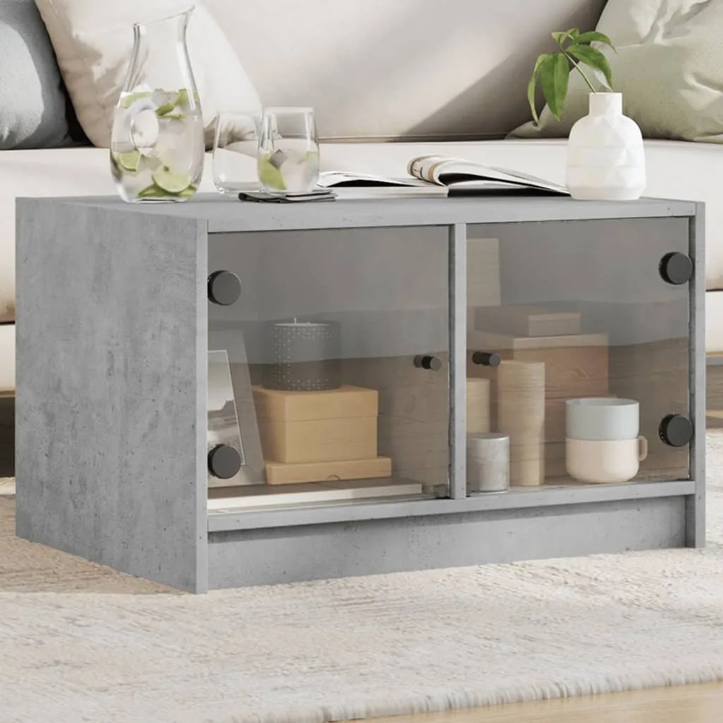 Tavolino Da Salotto Con Ante İn Vetro Grigio Cemento 68x50x42cm /