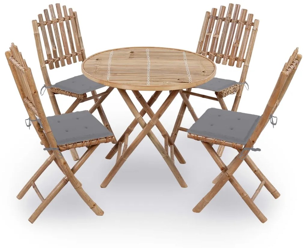 Set Da Pranzo Da Giardino 5 Pz Pieghevole Con Cuscini İn Bambù /