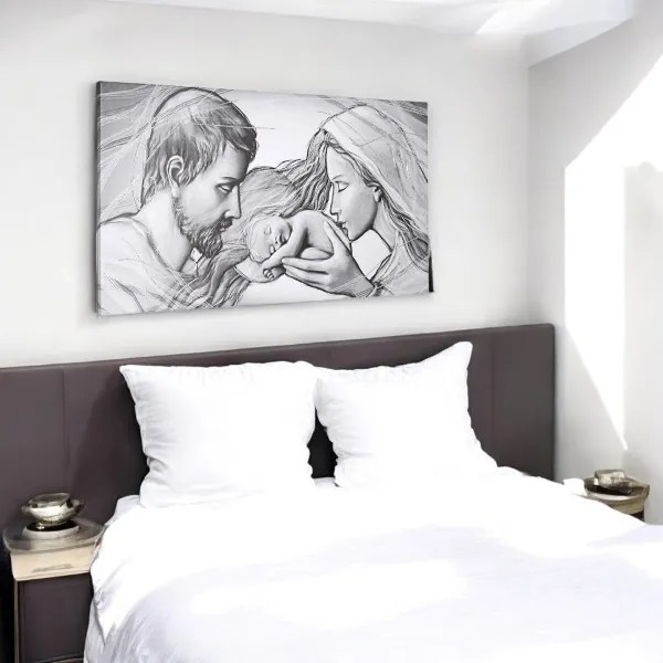 Quadro moderno in tela 65x125 cm tema Sacra Famiglia con dettagli in argento