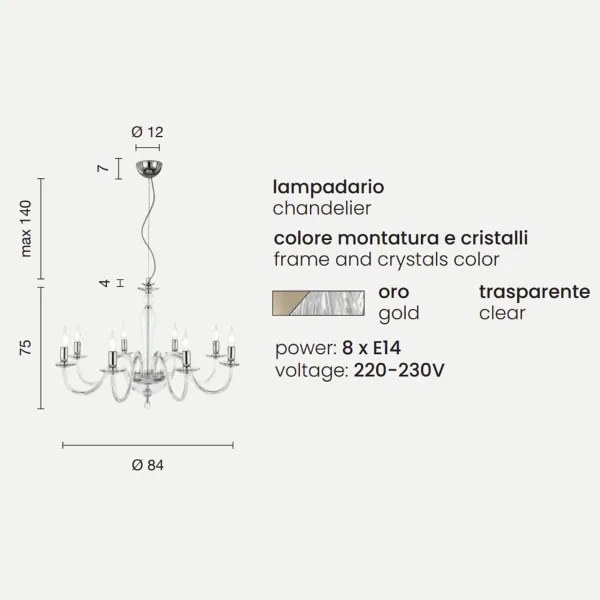 Lampada a sospensione PAGANINI a 8 LUCI in vetro lavorato a mano ORO