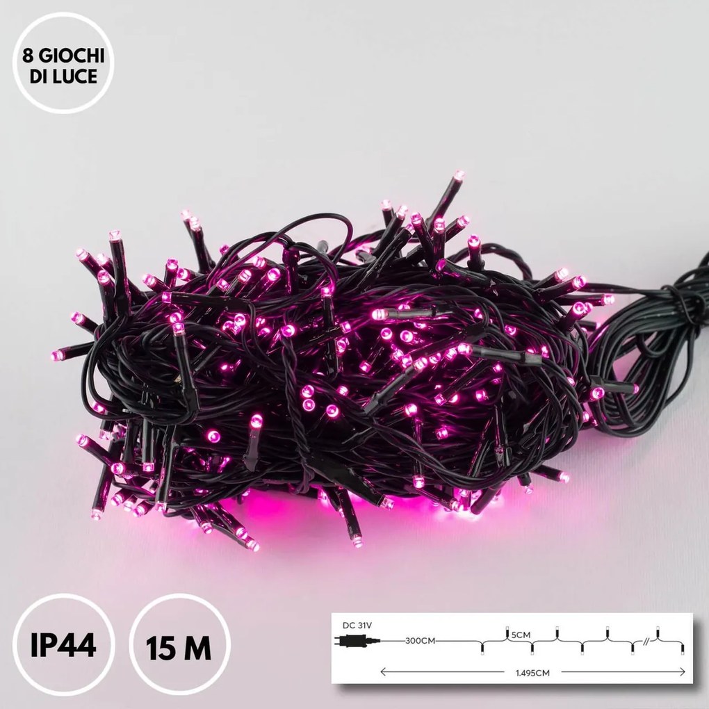 Catenaria Natalizia LED 15m 8 GIOCHI DI LUCE Cavo VERDE IP44 Luce ROSA Colore Rosa 550 - 570 °K
