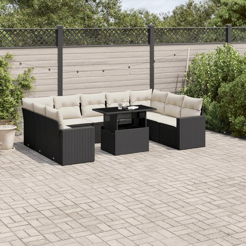 Set divani da giardino 10pz con cuscini in polyrattan nero