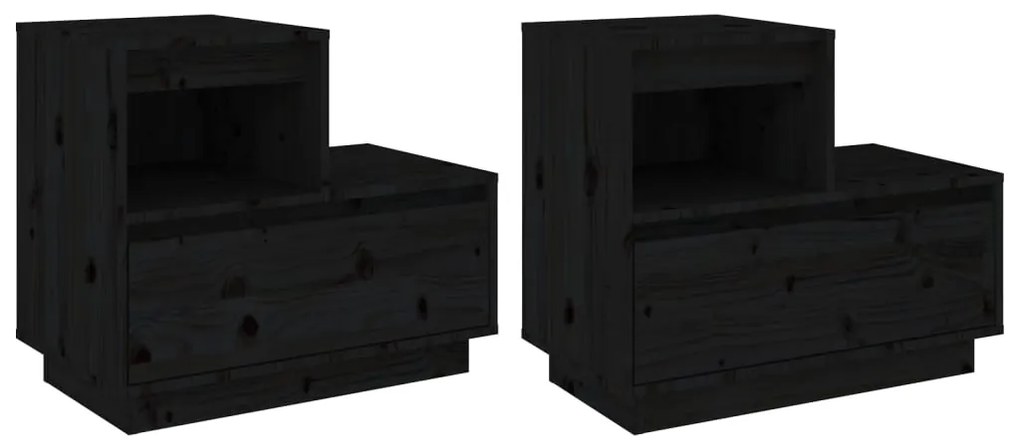 Comodini Neri 2 pz 60x34x51 cm in Legno Massello di Pino