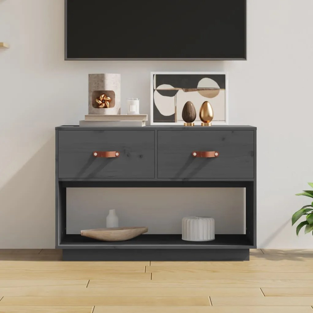 Mobile Porta Tv Grigio 90x40x60 Cm İn Legno Massello Di Pino /