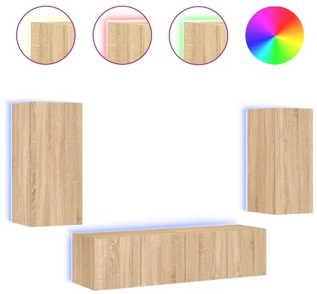 Mobili tv a muro con led 4pz rovere sonoma legno multistrato