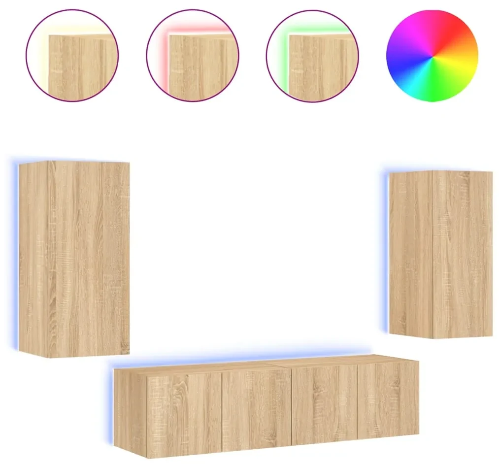 Mobili tv a muro con led 4pz rovere sonoma legno multistrato