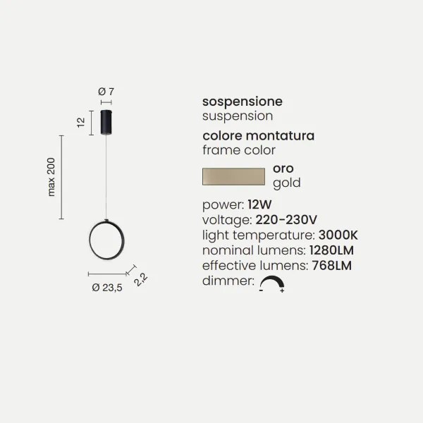 Lampada a sospensione D23 cm in metallo verniciato 1 Luce ORO a Led PINTA