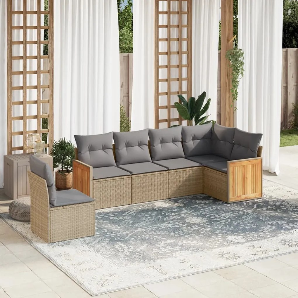 Set Divano da Giardino 6 pz con Cuscini Beige in Polyrattan