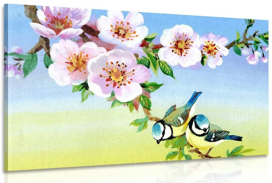 Quadro su tela – Cince e fiori in fiore