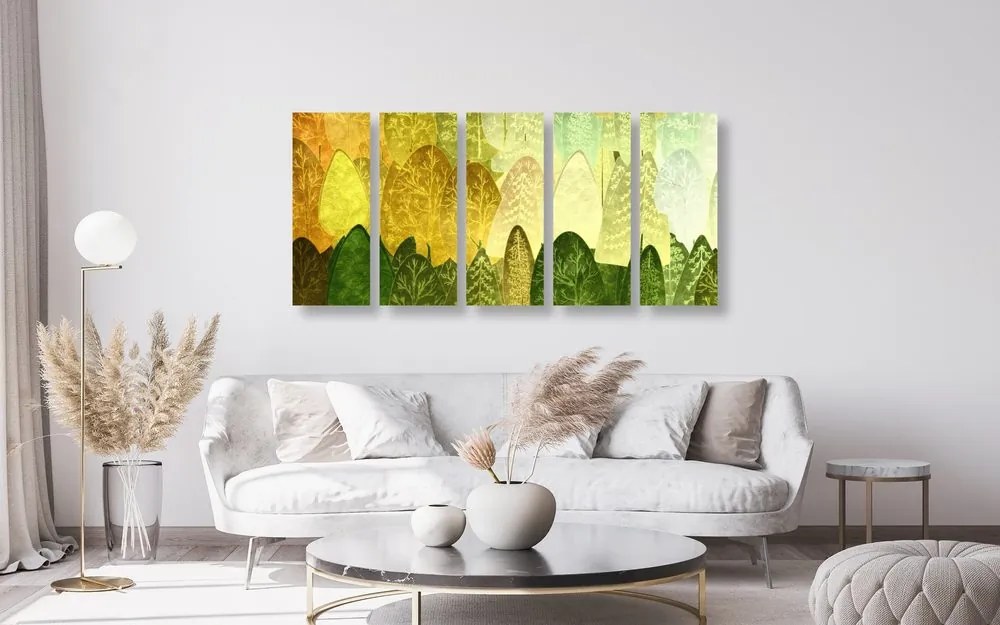Quadri 5 pezzi – Alberi asimmetrici verdi