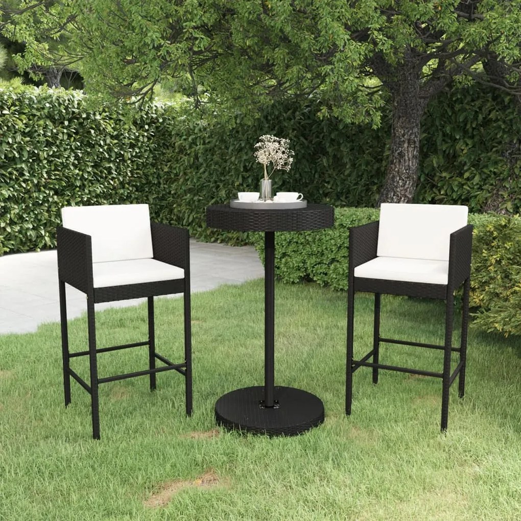 Set bar da giardino 3 pz con cuscini polyrattan nero