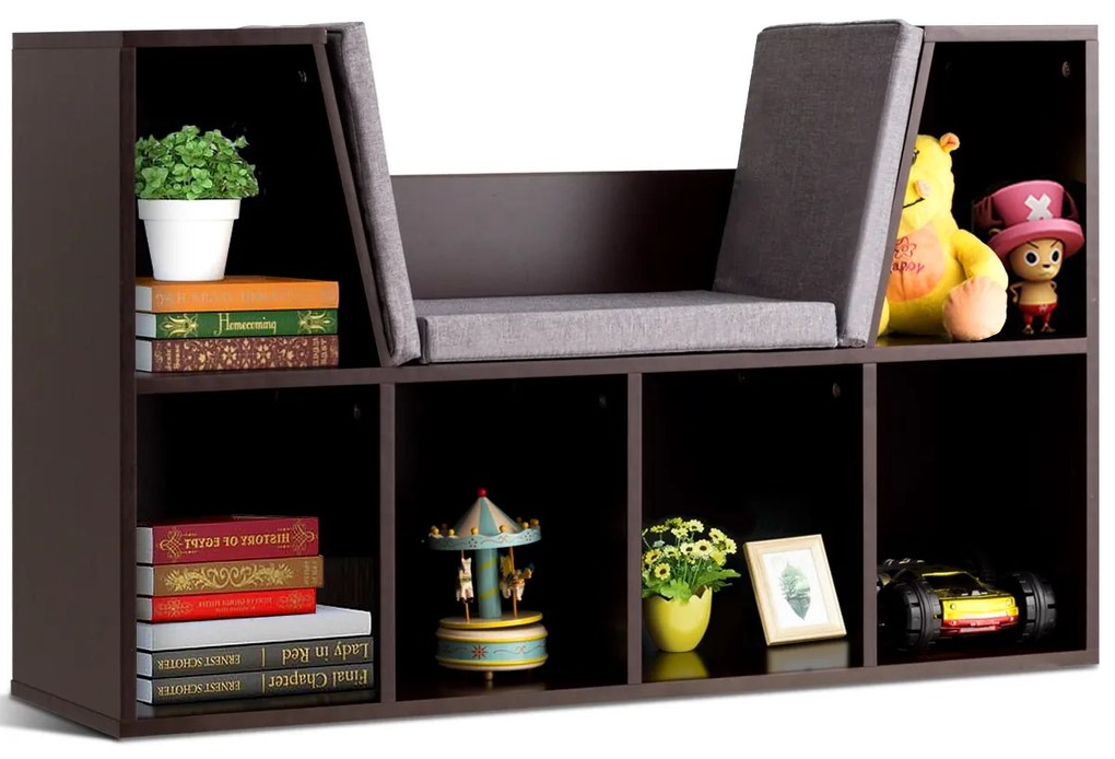 Costway Libreria con cuscino e 6 cubi, Libreria con angolo per leggere per bambini e ragazzi, Marrone