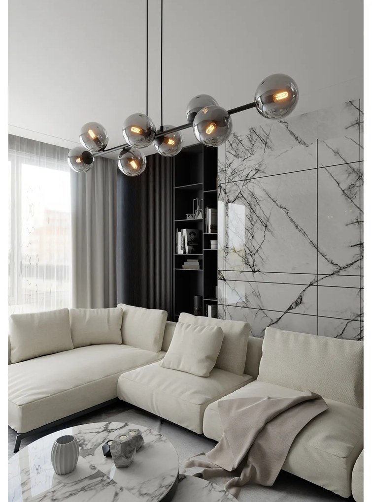 Lampadario Contemporaneo 8 Luci Durga In Acciaio Nero E Sfere In Vetro Fumè
