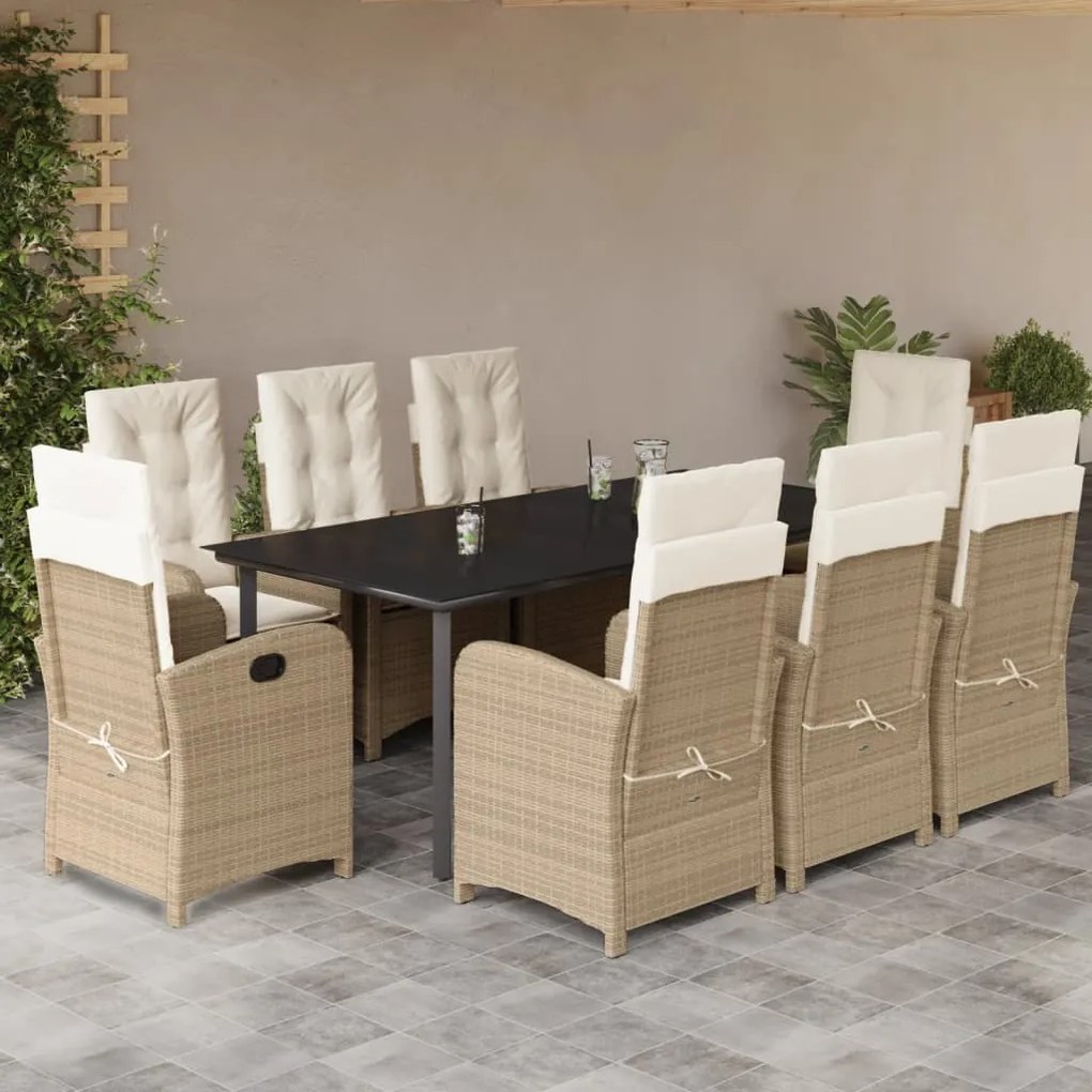 Set da pranzo da giardino 9 pz con cuscini beige in polyrattan