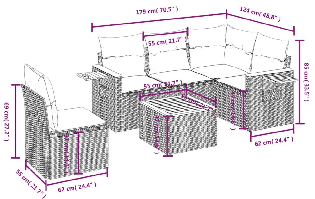 Set divano da giardino 6 pz con cuscini grigio in polyrattan