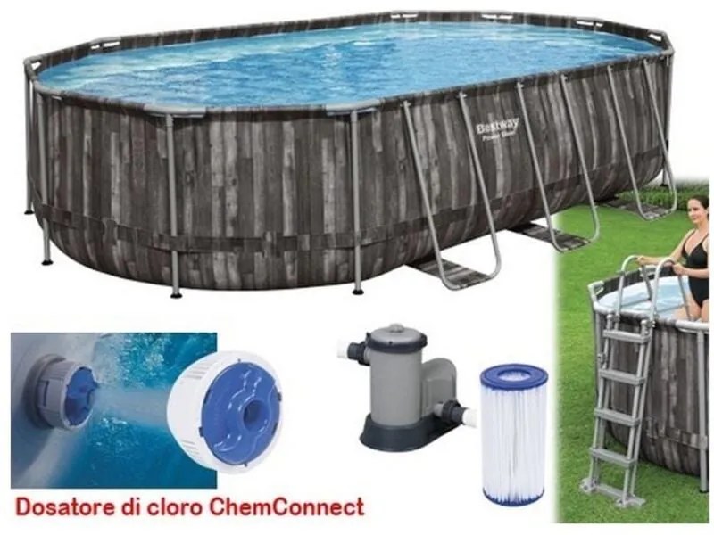 Piscina ovale fuori terra steel simil legno Bestway 610x366xH122 -5611R + pompa, dosatore, scaletta e telo