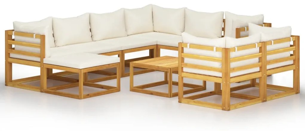 Set divani da giardino 10 pz con cuscini crema massello acacia