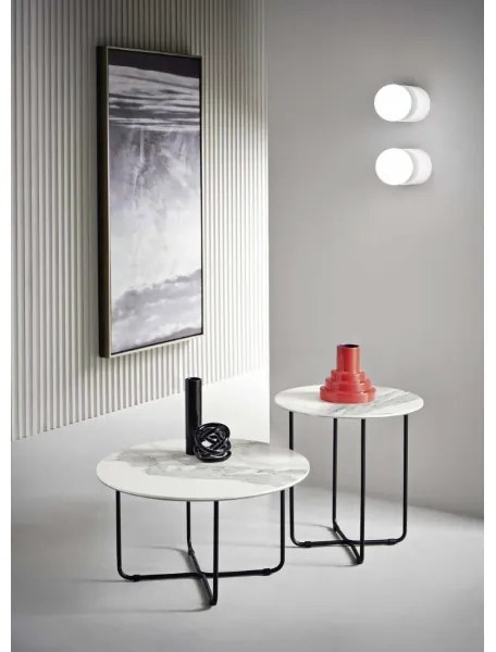 Tavolino tondo con piano vetro effetto marmo bianco JON 45